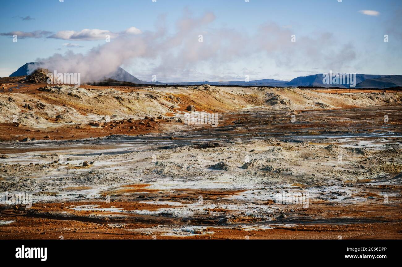 Hverir, a geothermal area known for its bubbling pools of mud & steaming fumaroles emitting sulfuric gas, Namafjall, Iceland, Scandinavia, Europe Stock Photo