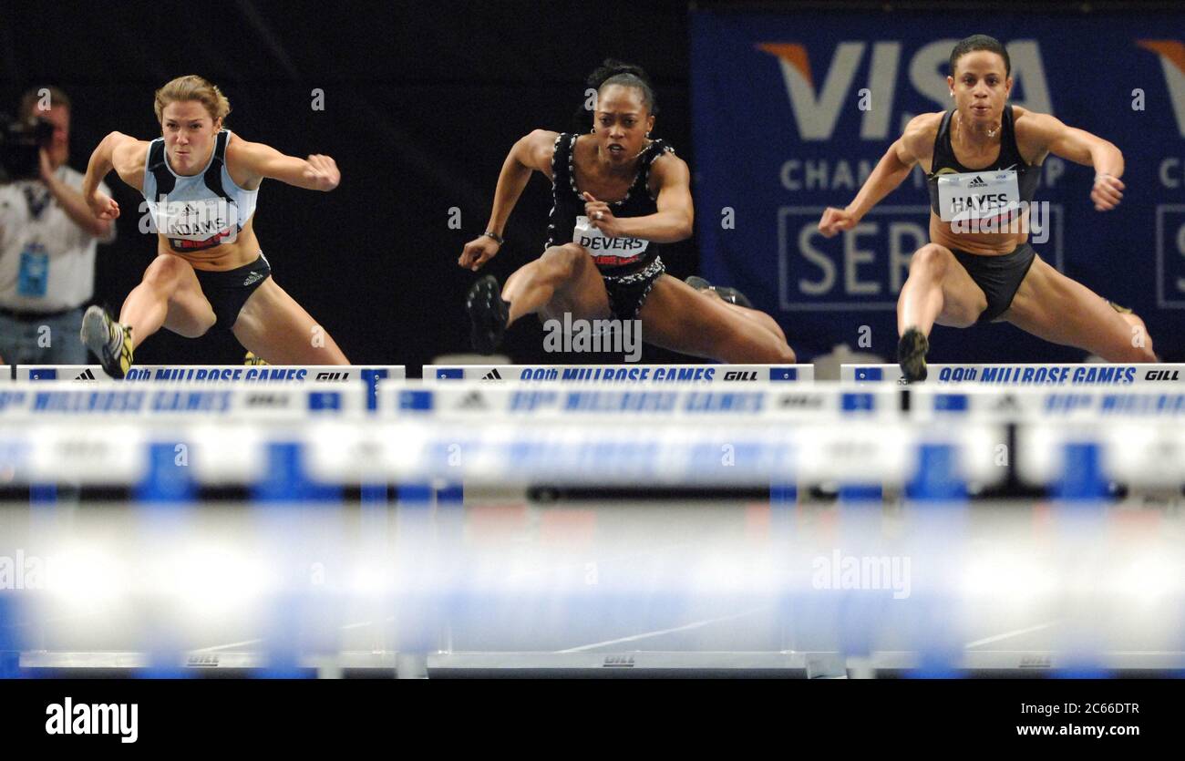 New York, United States. 03rd Feb, 2006. Jenny Adams, Gail Devers and Joanna Hayes compete in the women's 60-meter hurdles in the 99th Millrose Games at Madison Square Garden in New York City, N.Y. on Friday, February 3, 2006. Hayes won in 7.93. Adams was second in 8.05 and Devers, running in her first race the birth to daughter Karsen Anise on June 20, was fourth at 8.13. Photo via Credit: Newscom/Alamy Live News Stock Photo