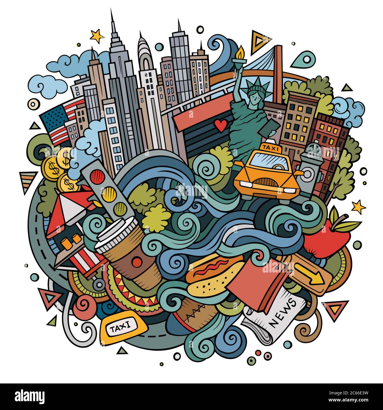 Cartoon cute doodles hand drawn Welcome to New York illustration Stock ...