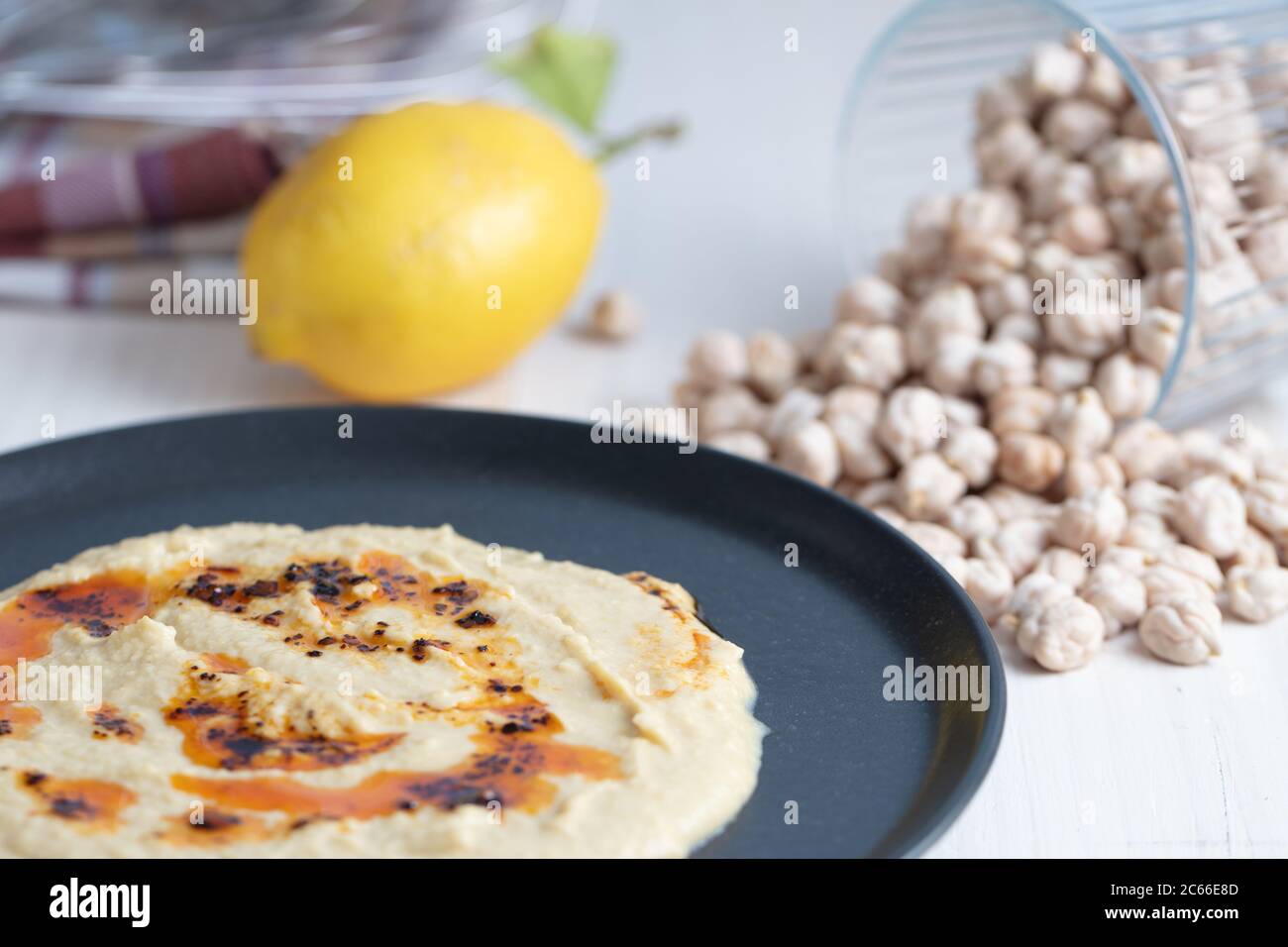 Delicious Homemade Hummus Pasta With Olive Oil And Chick Peas Wooden Table Healthy Food Stock Photo Alamy