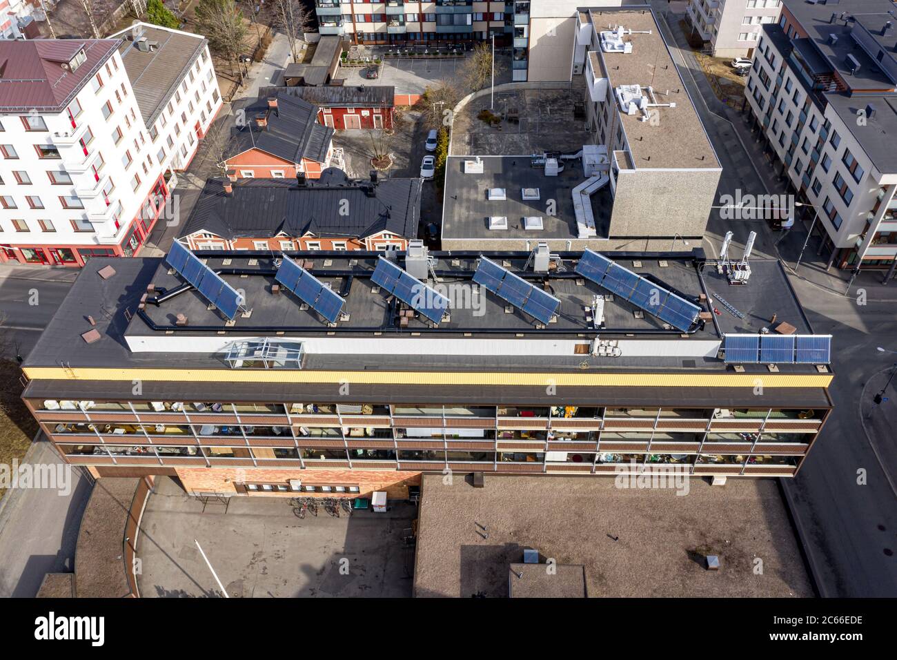 Solar panels on the roof of an apartment building, aerial view Stock ...