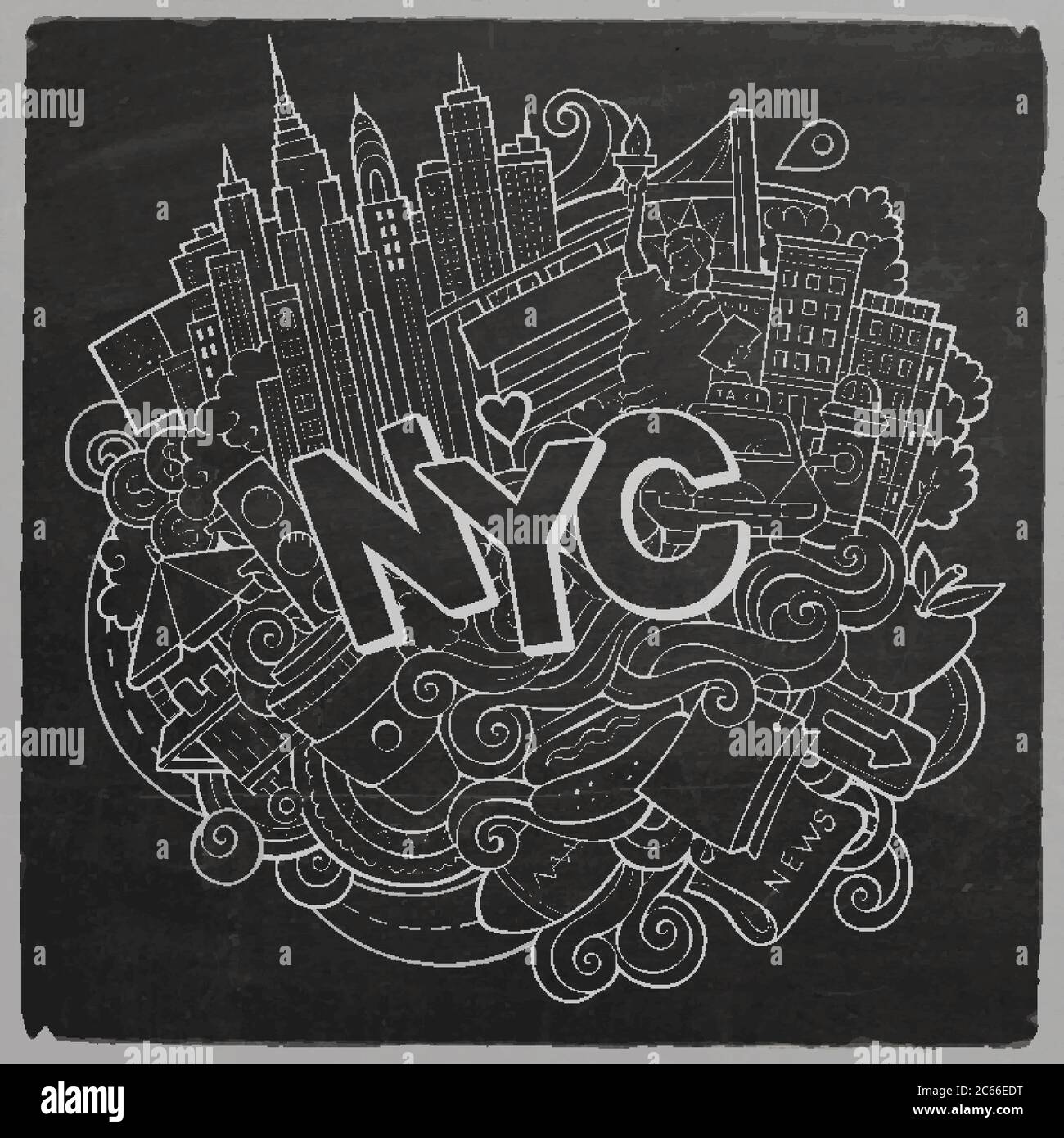 Cartoon cute doodles hand drawn NYC inscription Stock Vector Image ...