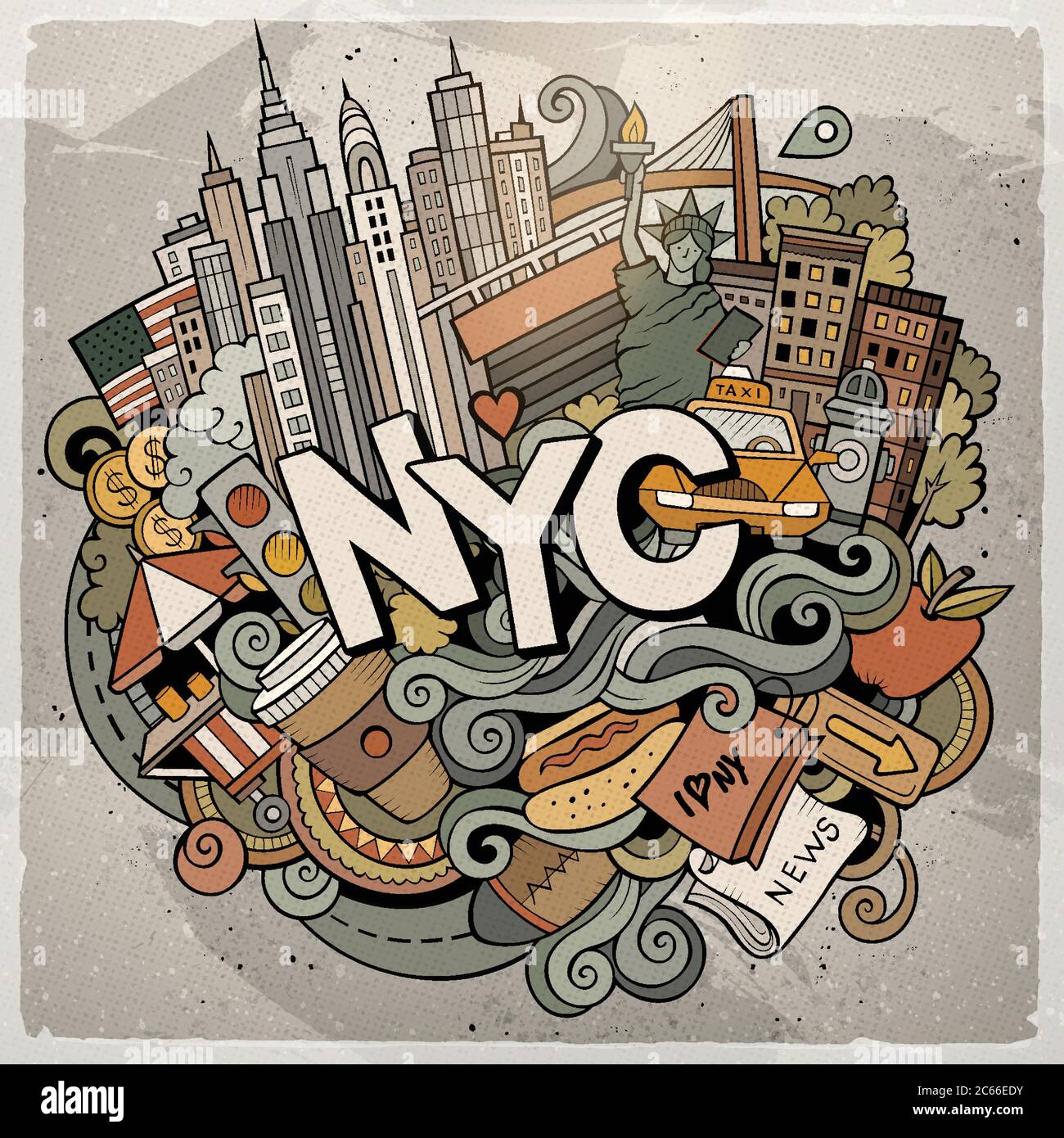 Cartoon cute doodles hand drawn NYC inscription Stock Vector Image ...