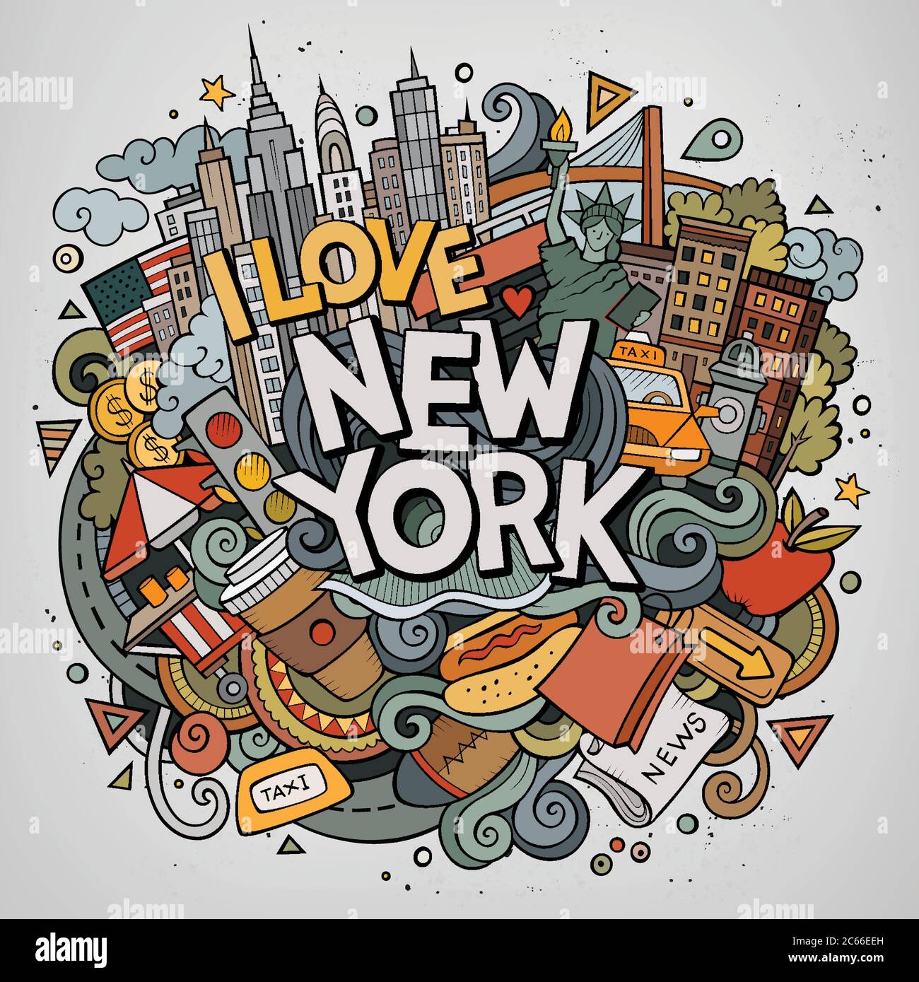 Cartoon cute doodles hand drawn I Love New York inscription Stock ...