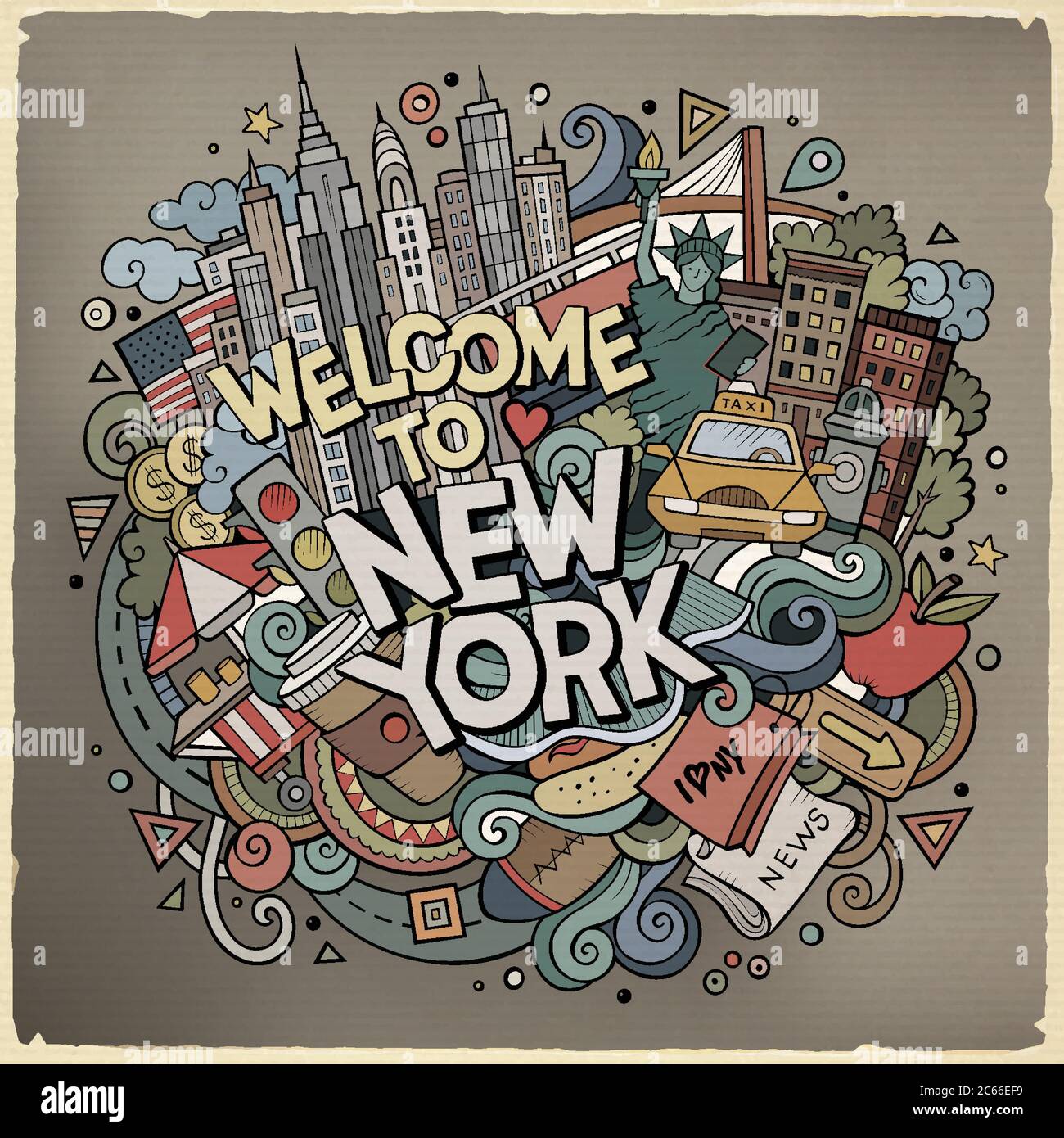 Cartoon cute doodles hand drawn Welcome to New York inscription Stock ...
