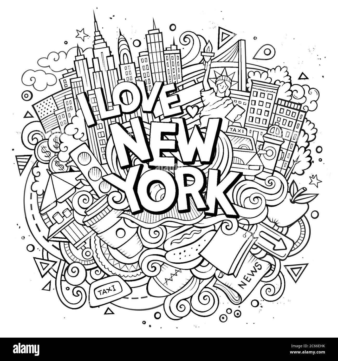 Cartoon cute doodles hand drawn I love New York inscription Stock Vector