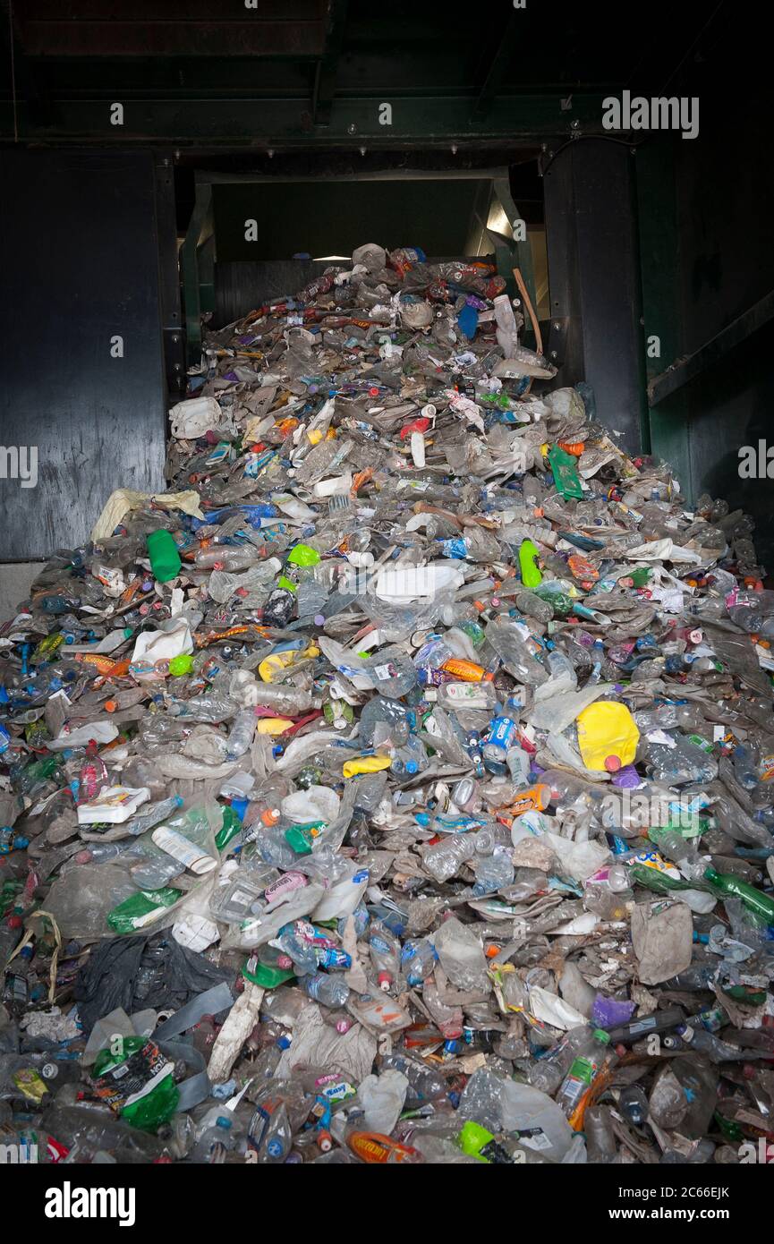 Pile of plastic in a recycling plant in Liverpool, England, UK Stock