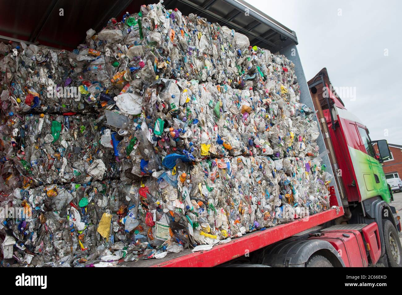 Bales of plastic on a lorry at a recycling plant in Liverpool, England