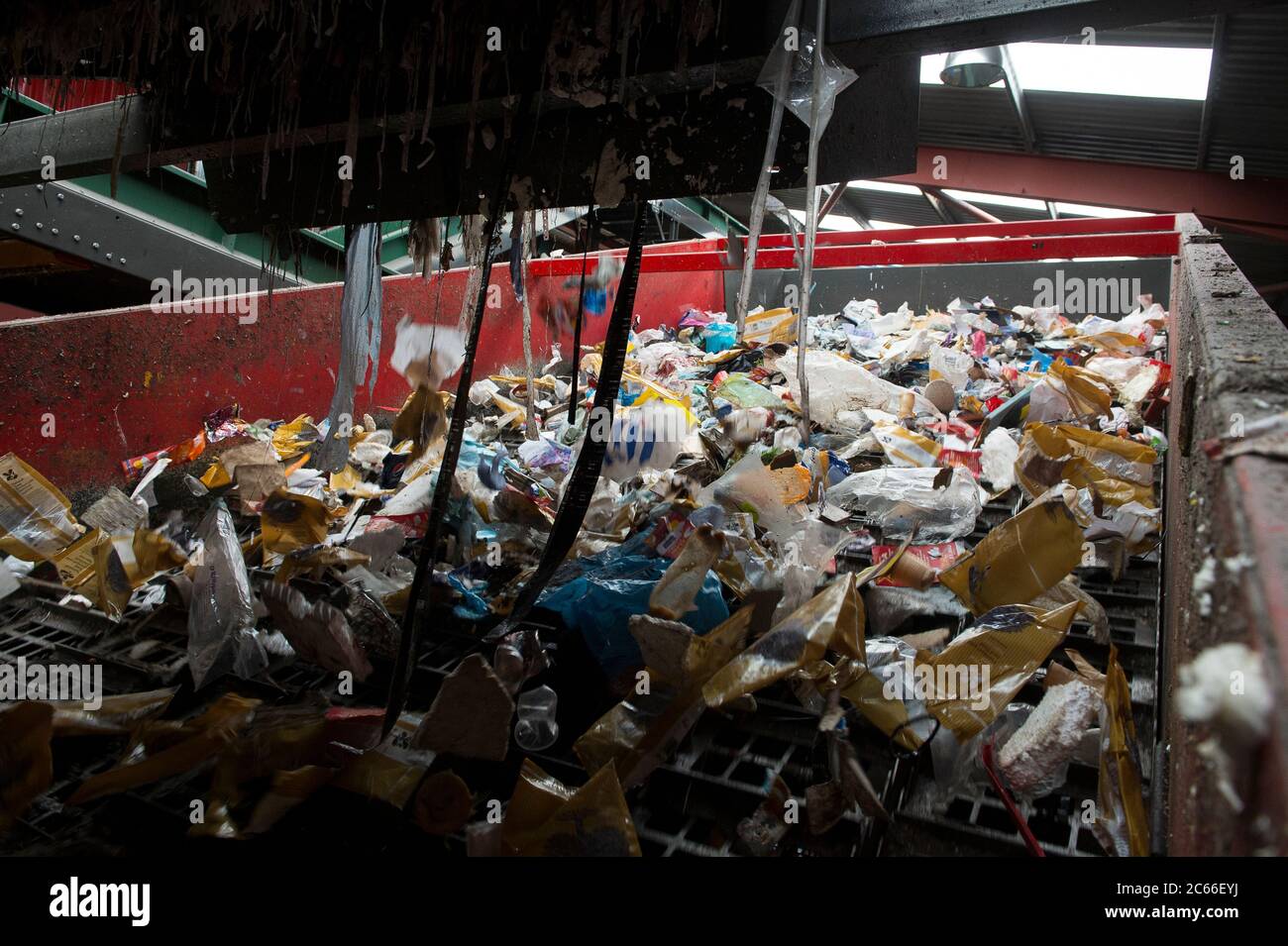 Recycling material being sorted at a recycling centre in Liverpool, England. Stock Photo
