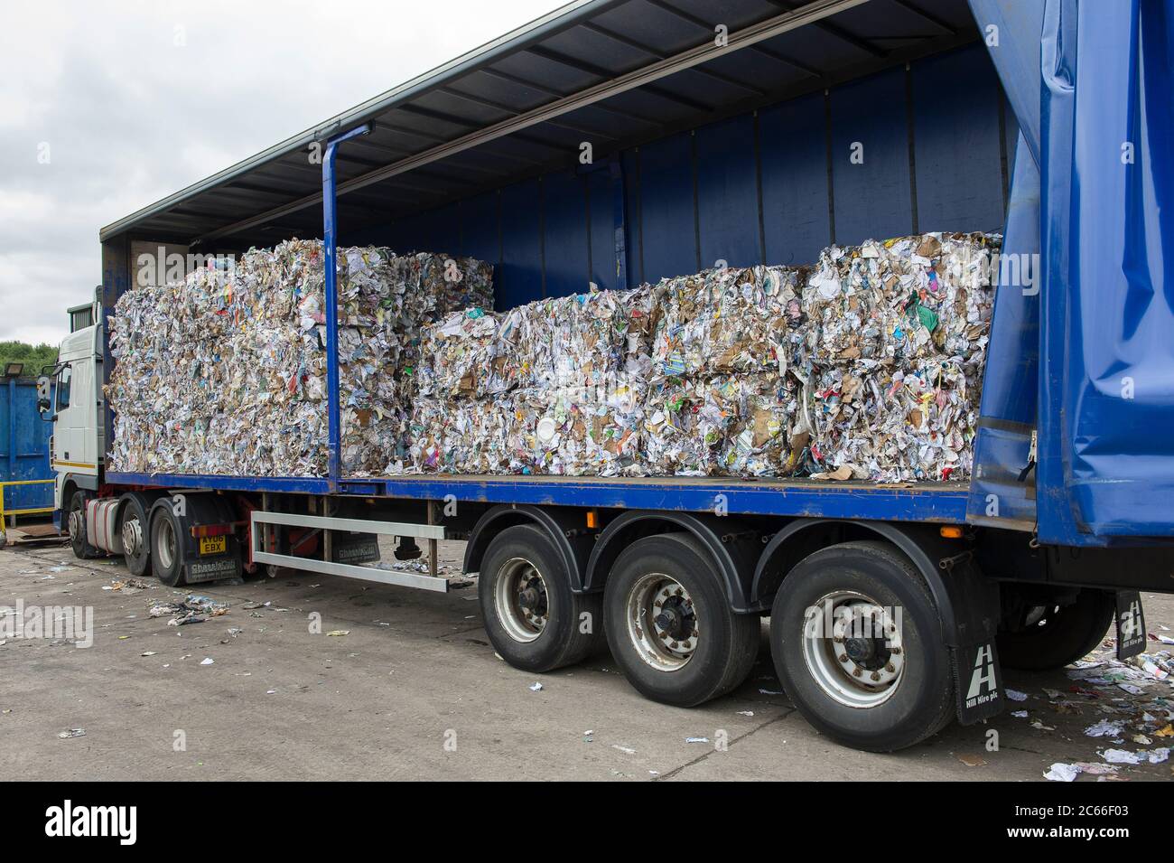 Bales of plastic on a lorry at a recycling plant in Liverpool, England, UK. Stock Photo