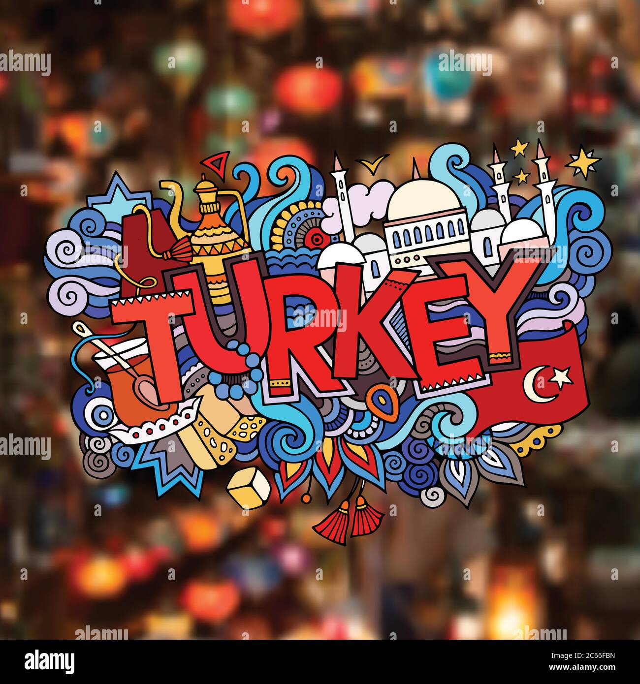 Turkey hand lettering and doodles elements background. Vector blurried ...