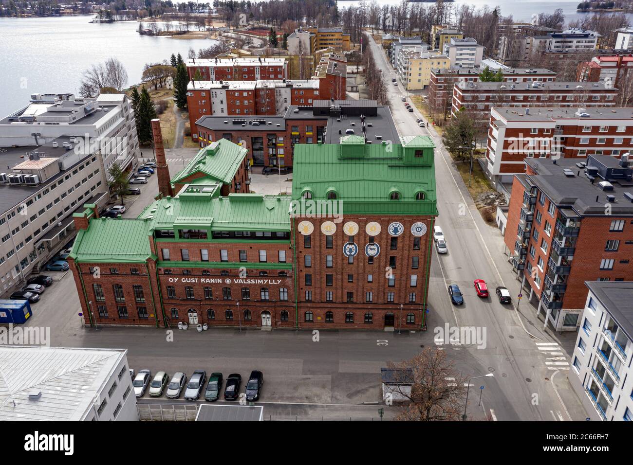 Kuopio, Finland April 28, 2020 Aerial view of the rebuilt old building of mill to the modern