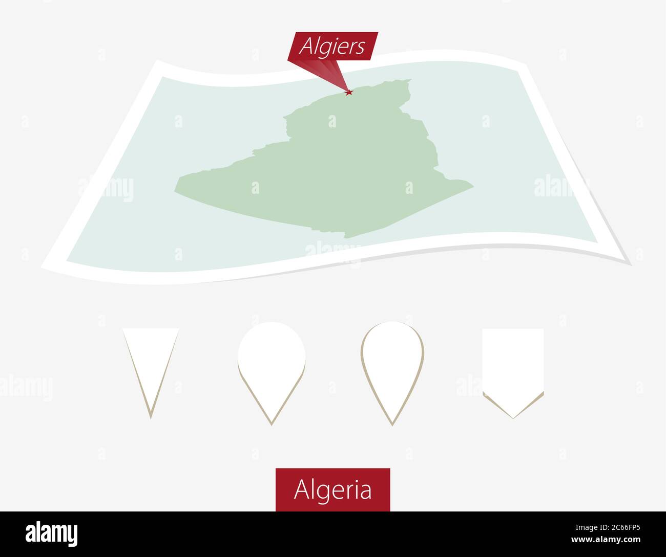 Curved paper map of Algeria with capital Algiers on Gray Background. Four different Map pin set. Vector Illustration. Stock Vector