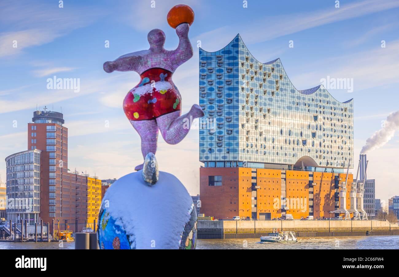 Germany, Hamburg, HafenCity, Port, Elbe River, Nana sculpture, Elbphilharmonie Concert Hall Stock Photo