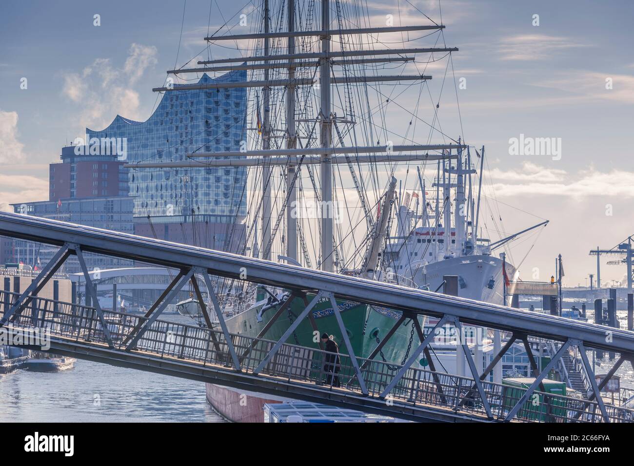 Germany, Hamburg, Port, Sankt Pauli Piers, Cap San Diego Museum Ship, Rickmer Rickmers Museum Ship, Elbphilharmonie Concert Hall, HafenCity Stock Photo