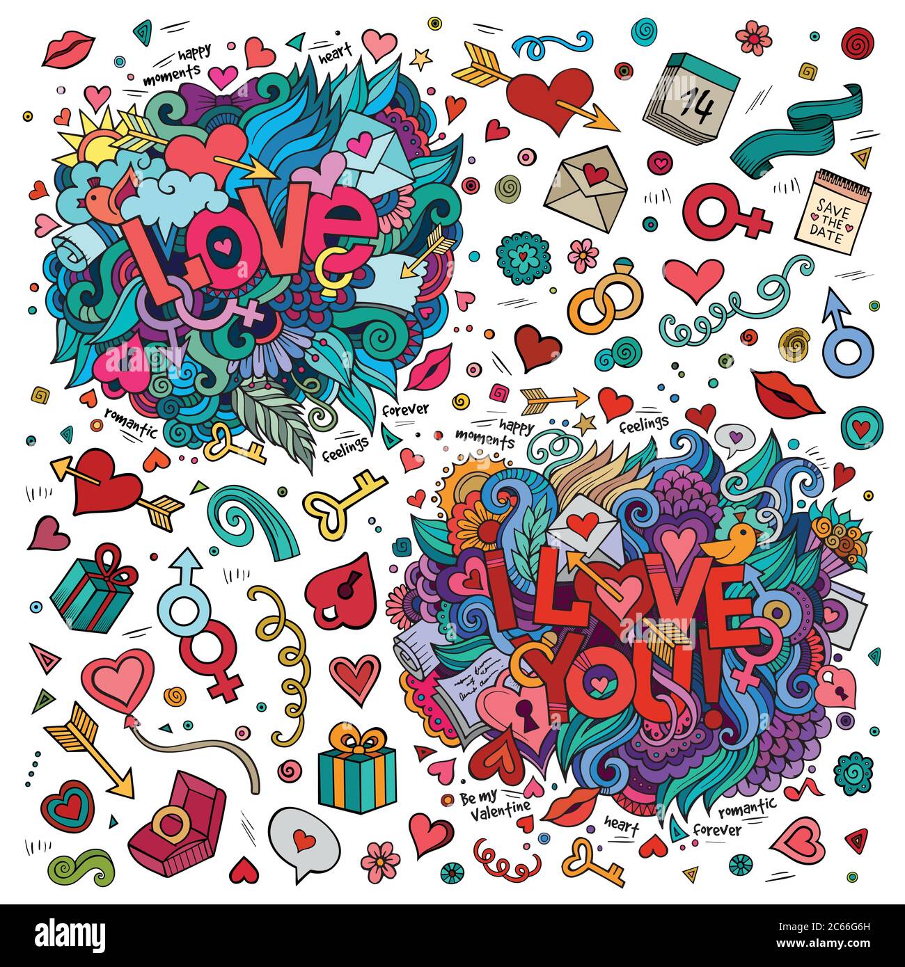 Set of Love and I Love You hand lettering and doodles elements Stock ...