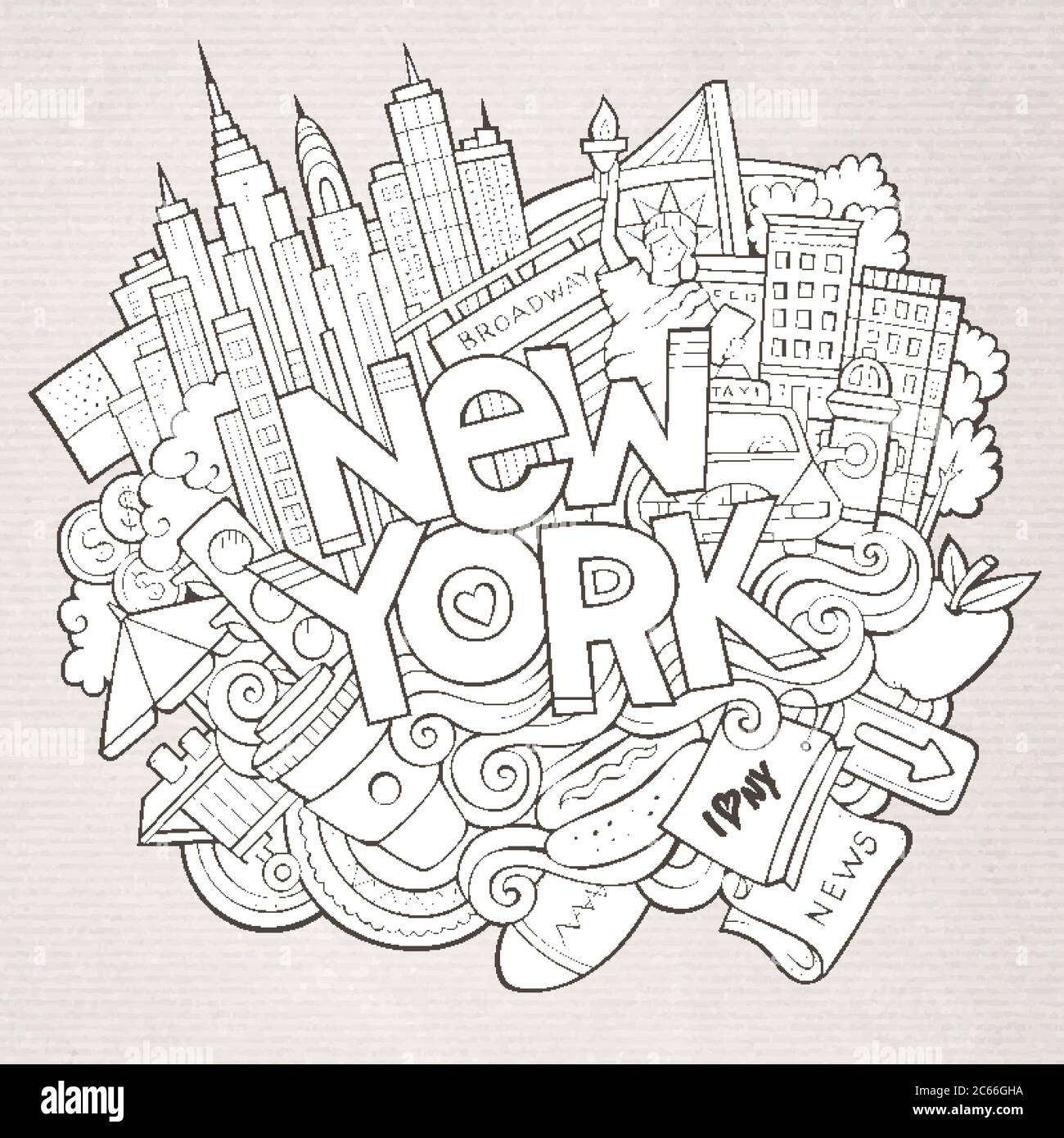 Cartoon cute doodles hand drawn New York inscription Stock Vector Image ...