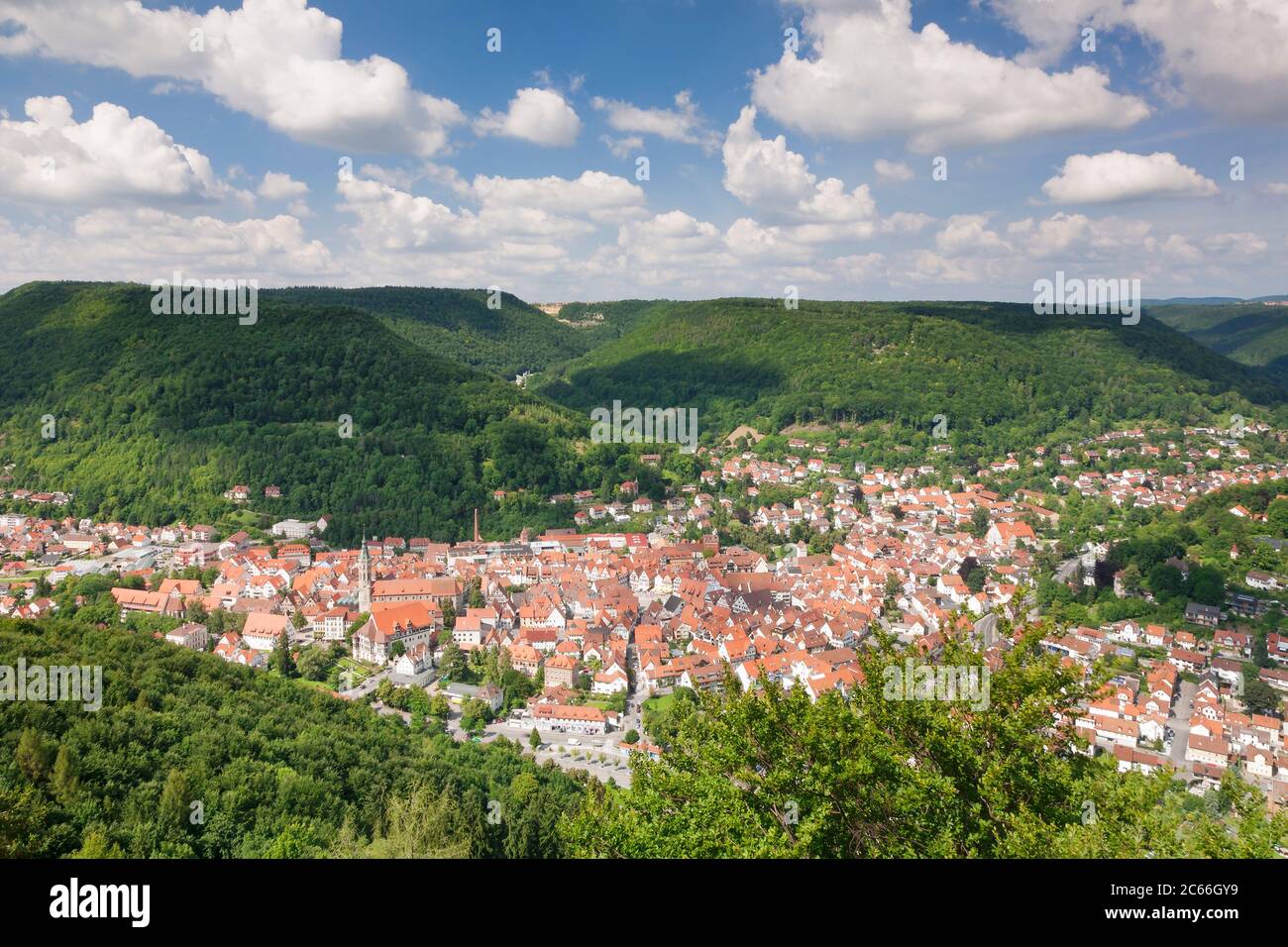 View of Bad Urach from Hanner Fels (Hann Rock), Swabian Jura, Baden-Wuerttemberg, Germany Stock Photo