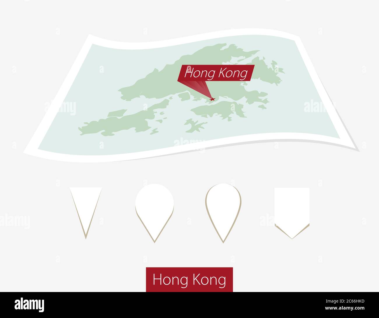 Curved paper map of Hong Kong with capital on Gray Background. Four different Map pin set