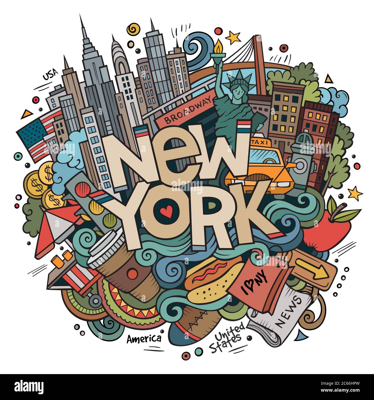 Cartoon cute doodles hand drawn New York inscription Stock Vector Image ...