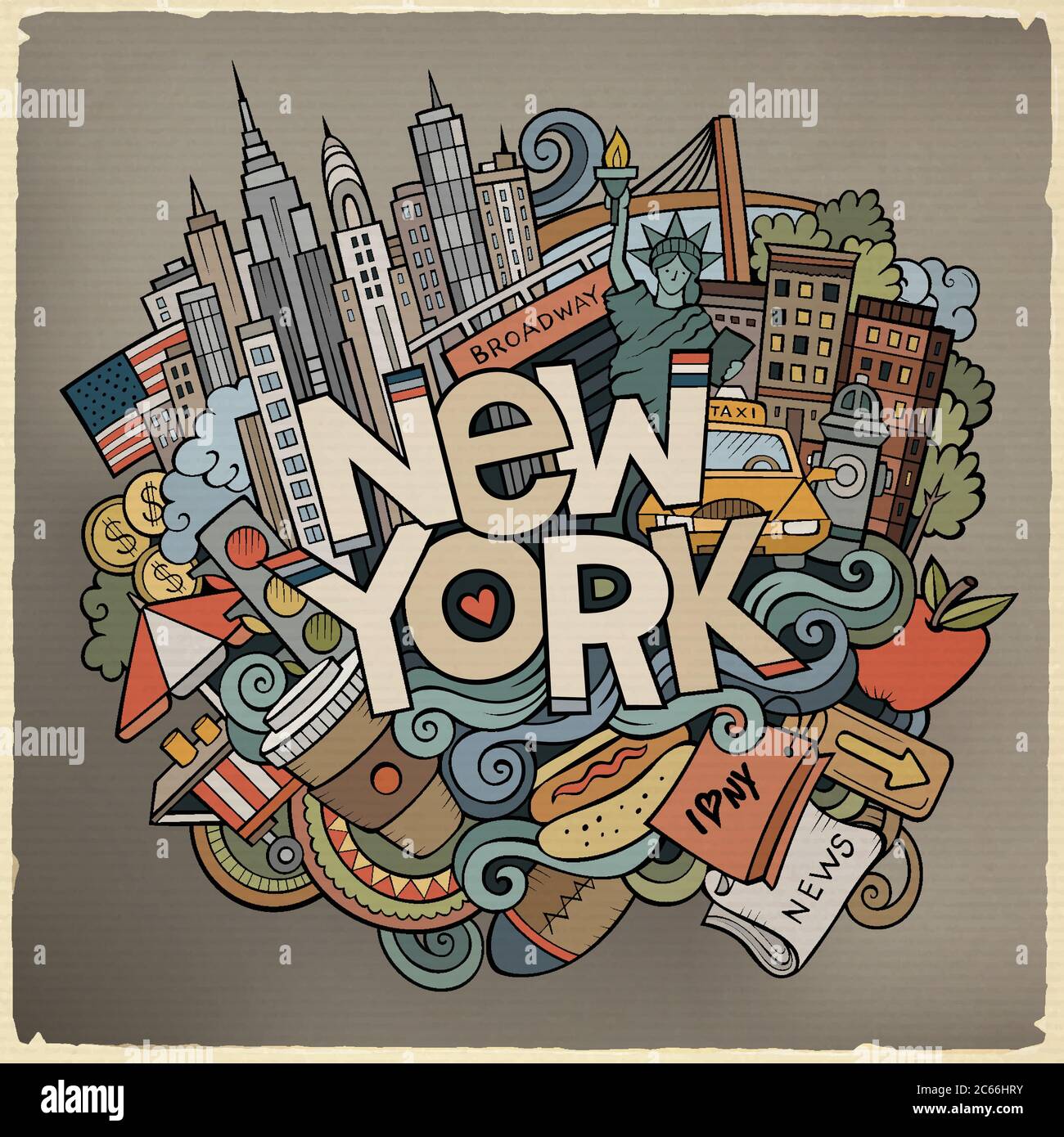 Cartoon cute doodles hand drawn New York inscription Stock Vector Image ...