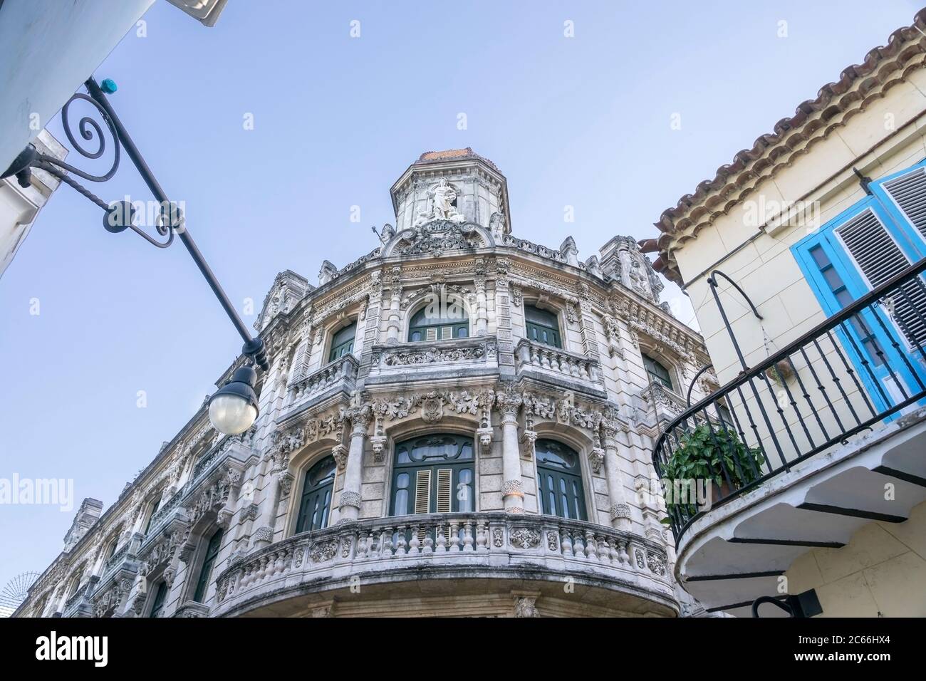 Cuba, Havana, balconies and facade, stucco decorated building in the old town Stock Photo