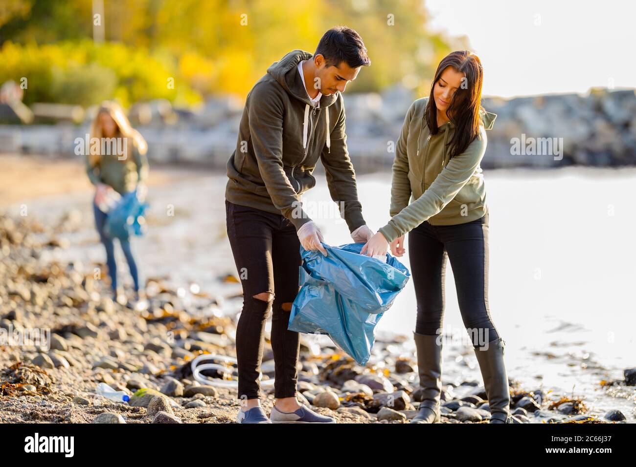 Team of environmental conservation volunteers cleaning beach on sunny day Stock Photo