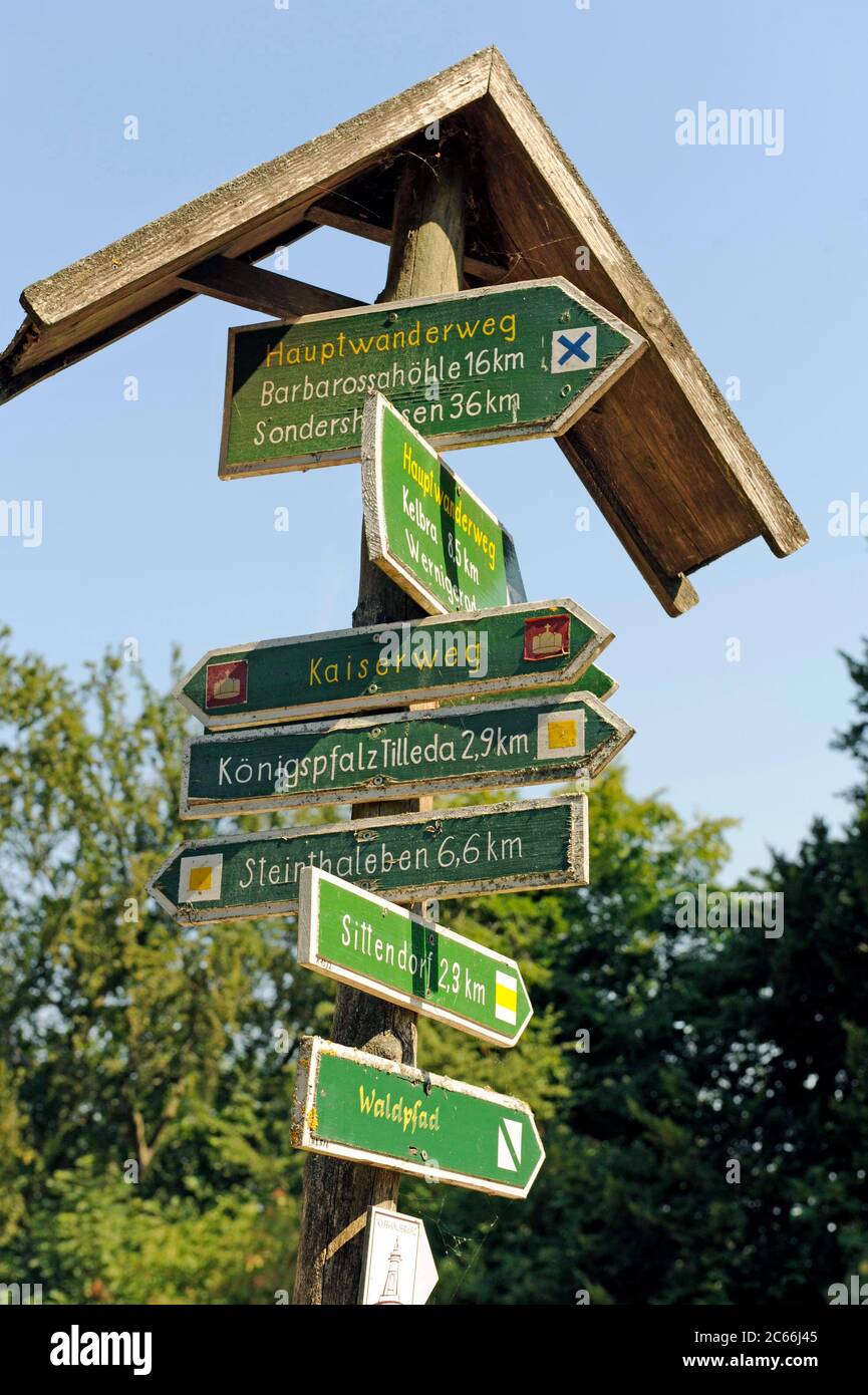Signpost for hikers, Kyffhäuser Nature Park, Kyffhäuser Hills, Thuringia Stock Photo