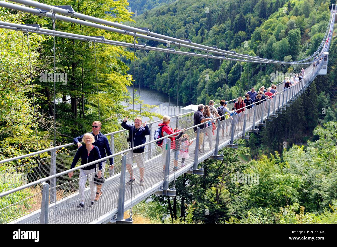 TITAN RT, the second longest suspension bridge for pedestrians, at the dam wall of the Rappbode Dam near Elbingerode-Rübenland in the Harz Mountains, popular tourist attraction Stock Photo