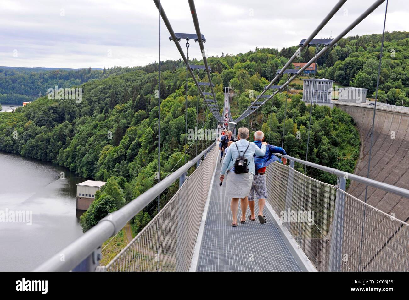 TITAN RT, the second longest suspension bridge for pedestrians, at the dam wall of the Rappbode Dam near Elbingerode-Rübenland in the Harz Mountains, popular tourist attraction Stock Photo