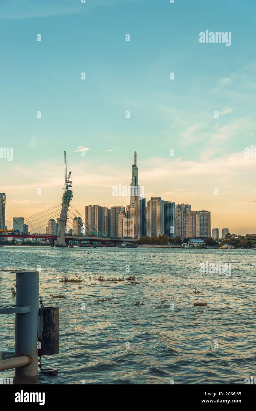Ho Chi Minh city, Vietnam 07 July 2020 skyline with landmark 81 skyscraper, a new cable