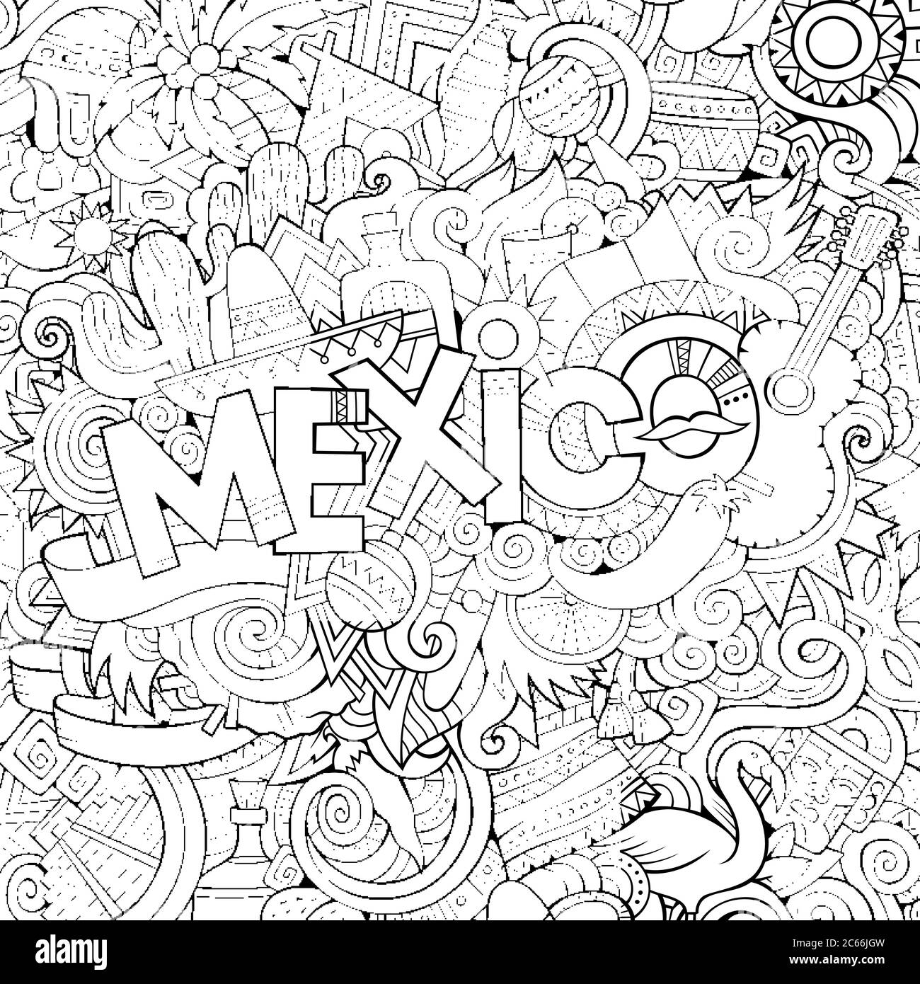 Mexico hand lettering and doodles elements background Stock Vector