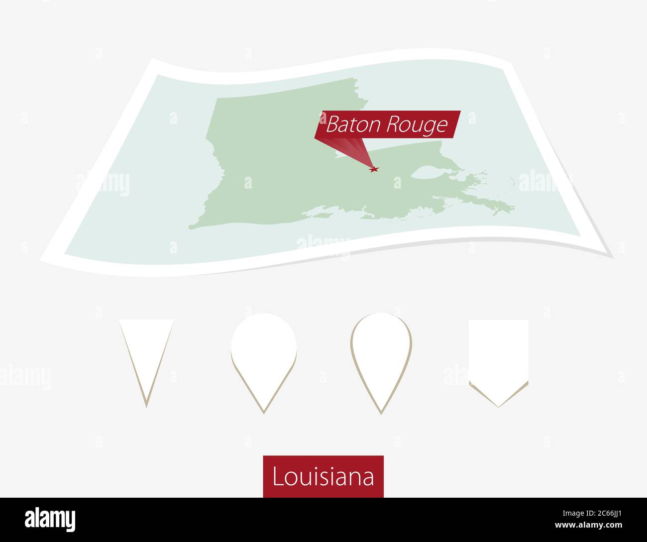 Curved paper map of Louisiana state with capital Baton Rouge on Gray