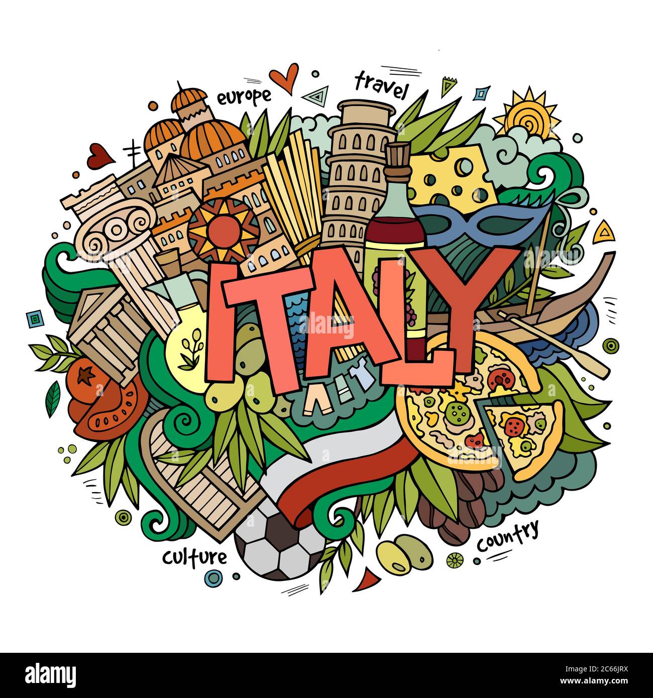 Italy hand lettering and doodles elements background Stock Vector