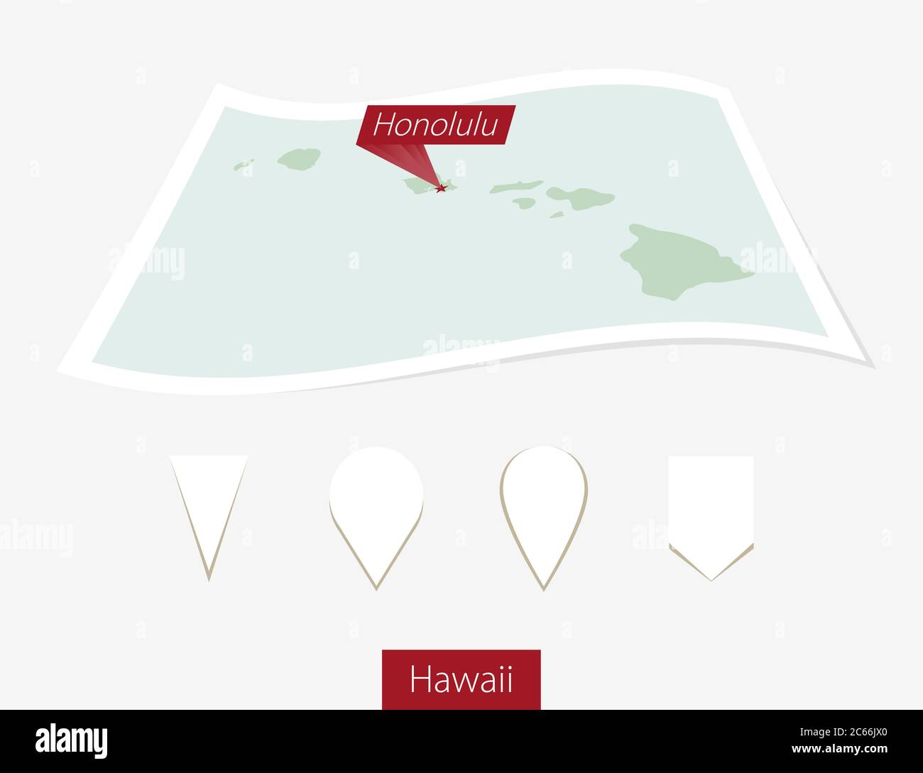 Curved paper map of Hawaii state with capital Honolulu on Gray