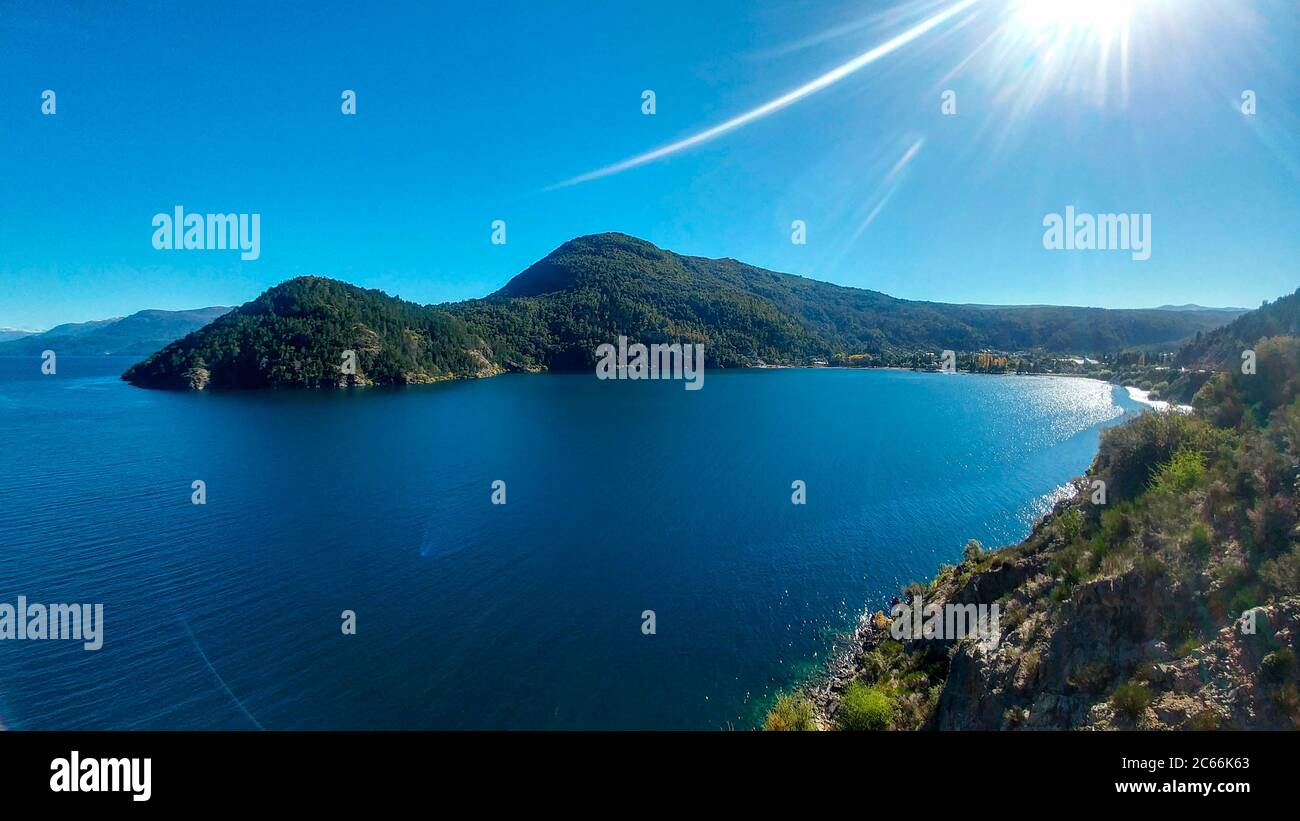 Lake Lácar surrounded by mountains, Lácar Department, Neuquén Province, Argentina Stock Photo