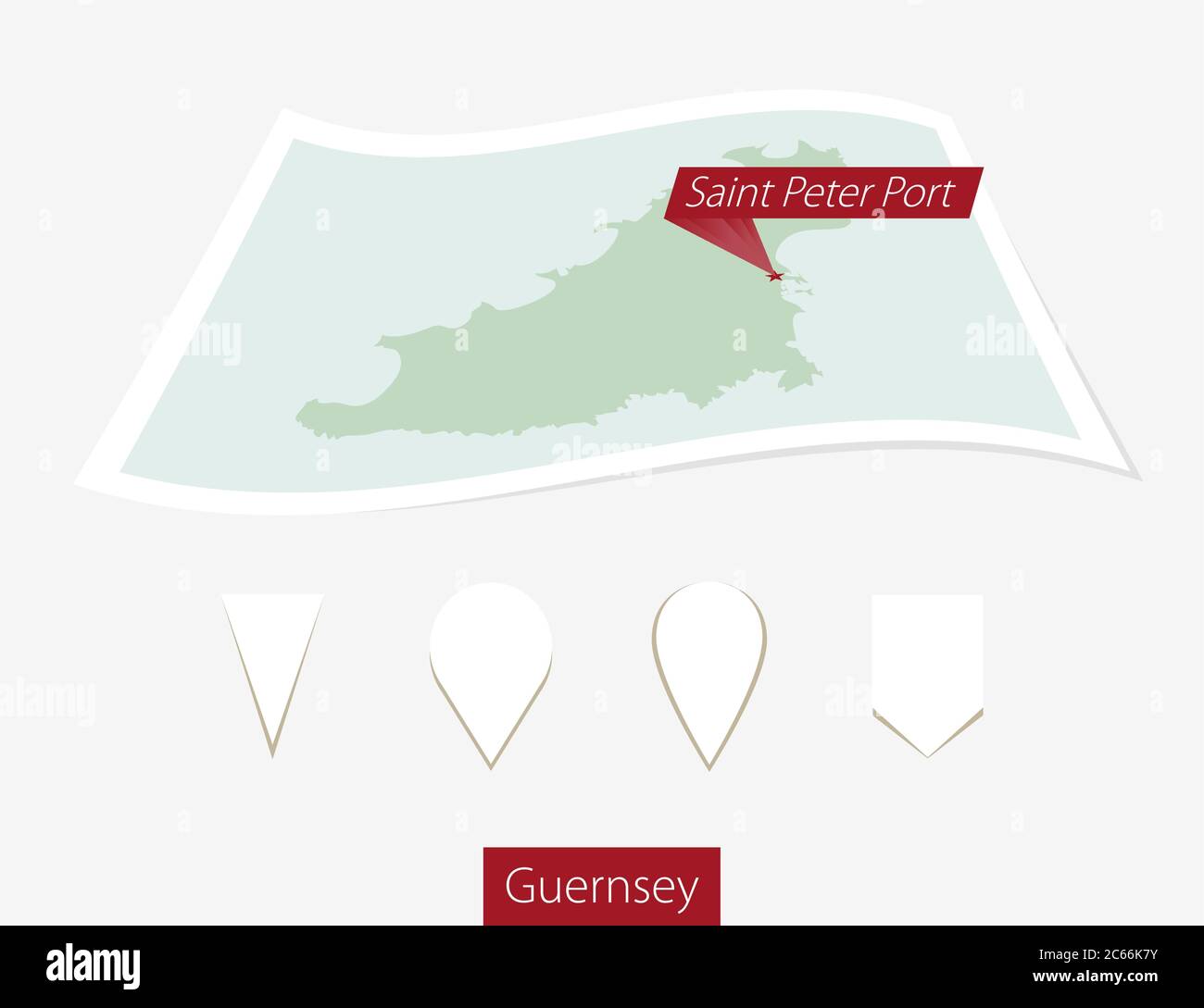 Curved paper map of Guernsey with capital Saint Peter Port on Gray