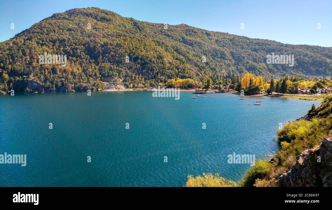 Lake Lácar surrounded by mountains, view of Sant Martin, Argentina Stock Photo
