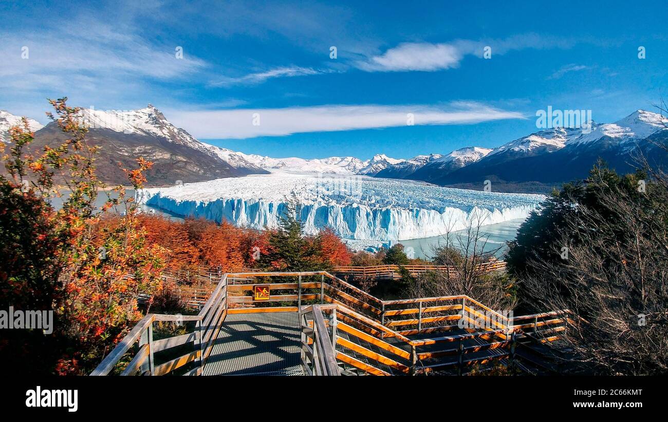 View of Perito Moreno Glacier, autumnal landscape in the foreground, El Calafate, Argentina Stock Photo