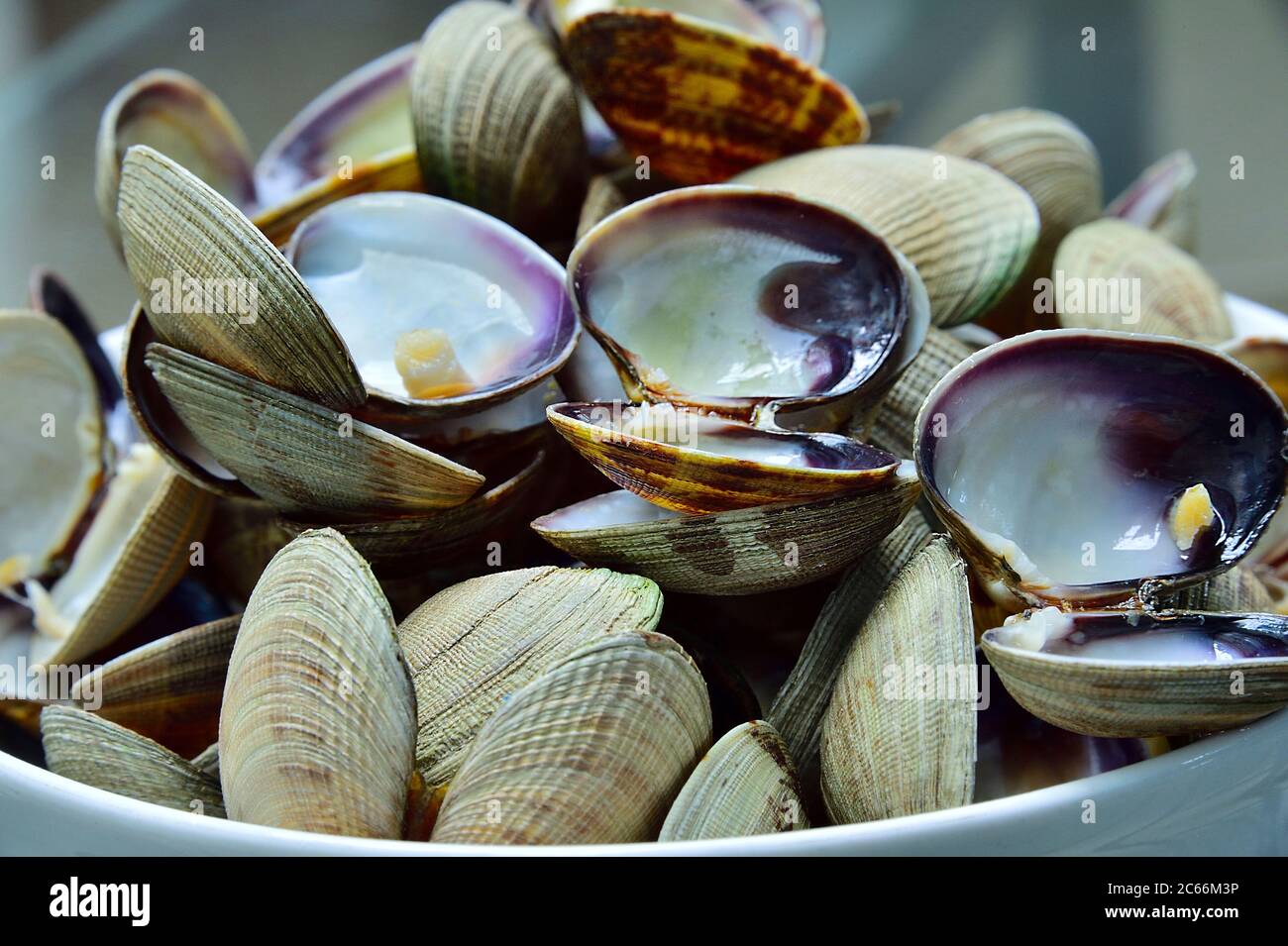 A bowl full of empty clam shells that have been eaten Stock Photo