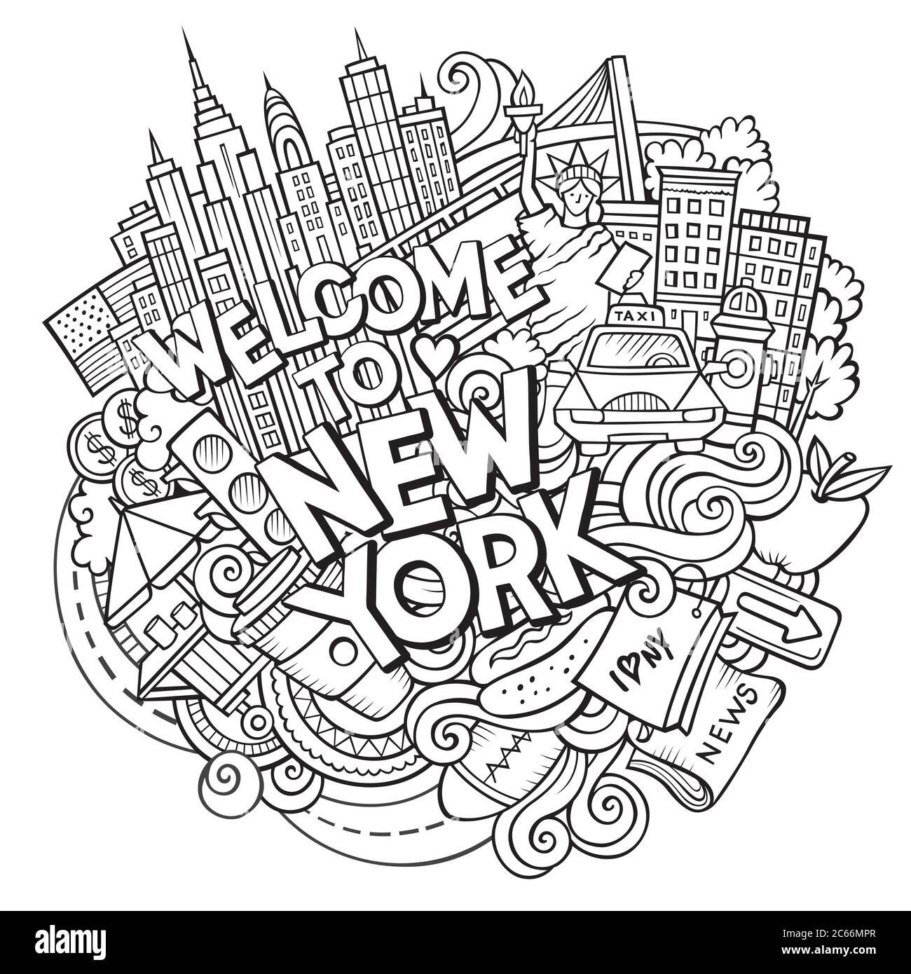 Cartoon cute doodles hand drawn Welcome to New York inscription Stock ...