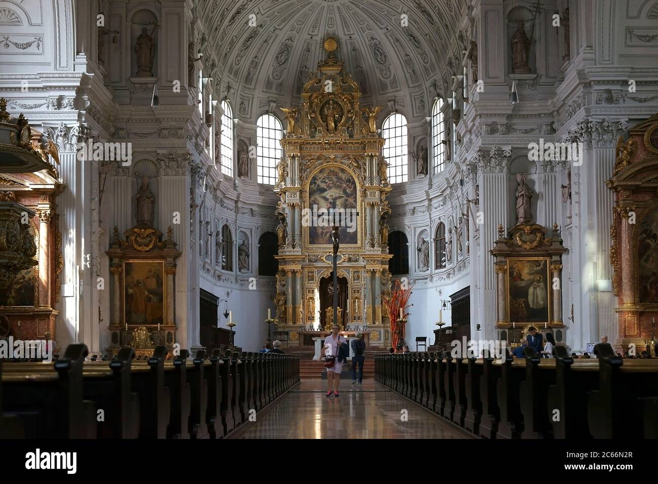The altar and the gold and sacral interior of St Michael Church in Munich, Stock Photo