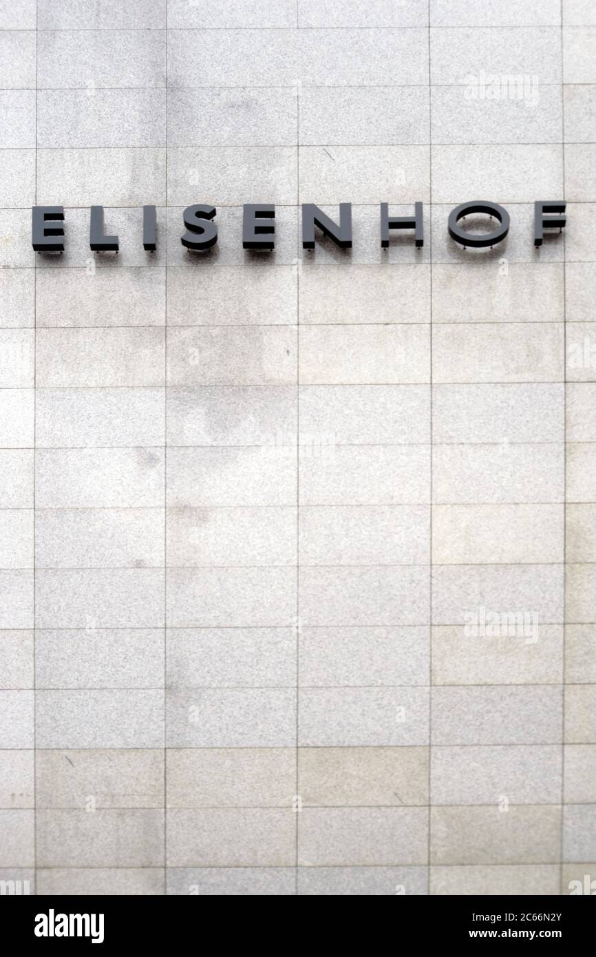 The logo and facade of the Elisenhof, a commercial building in Munich, Stock Photo