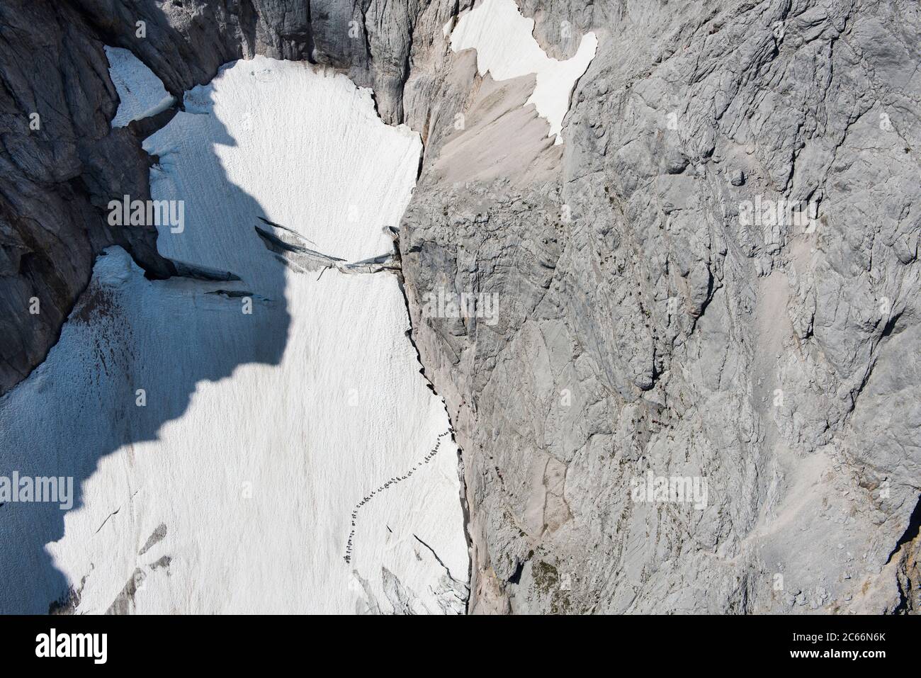 Mountaineers queuing up on Höllentalferner Glacier, aerial photograph, Wettersteingebirge, Bavaria, Germany Stock Photo