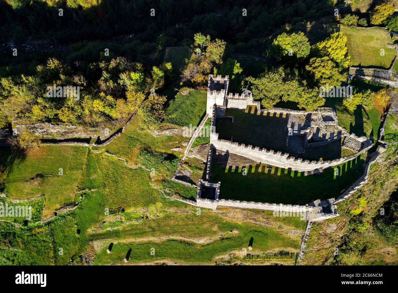 Grosio - Valtellina (IT) - New Castle - Park of Rupestrian incisions - aerial view Stock Photo