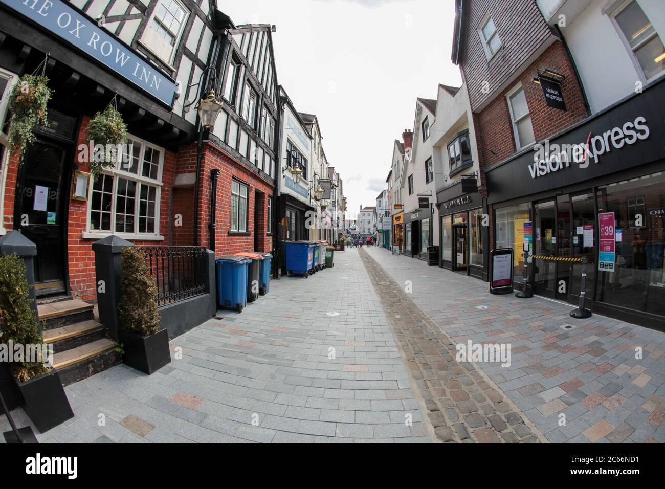 Butcher Row in Salisbury, Wiltshire UK. Empty on prime shopping day due to the Coronavirus pandemic. July 2020. Stock Photo