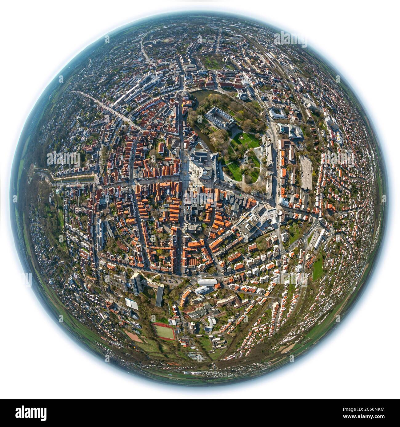 Princely residence castle Detmold, new market square with Erlöserkirche, seat of the Tourist Information Lippe & Detmold, fisheye lens, aerial photo of Detmold Stock Photo