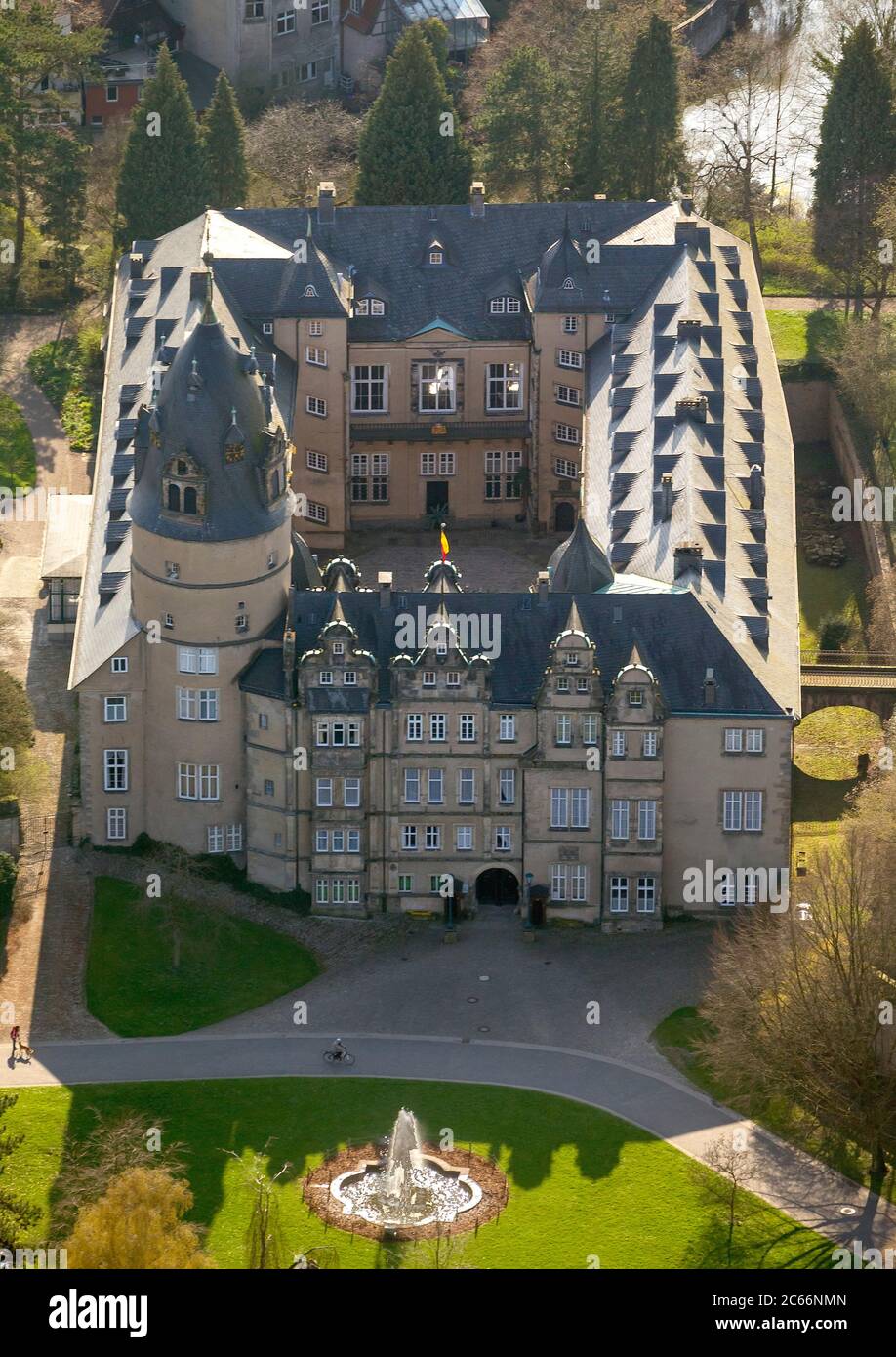Princely residence castle Detmold on the Schlossstraße, trees, moated castle, aerial photograph of Detmold Stock Photo