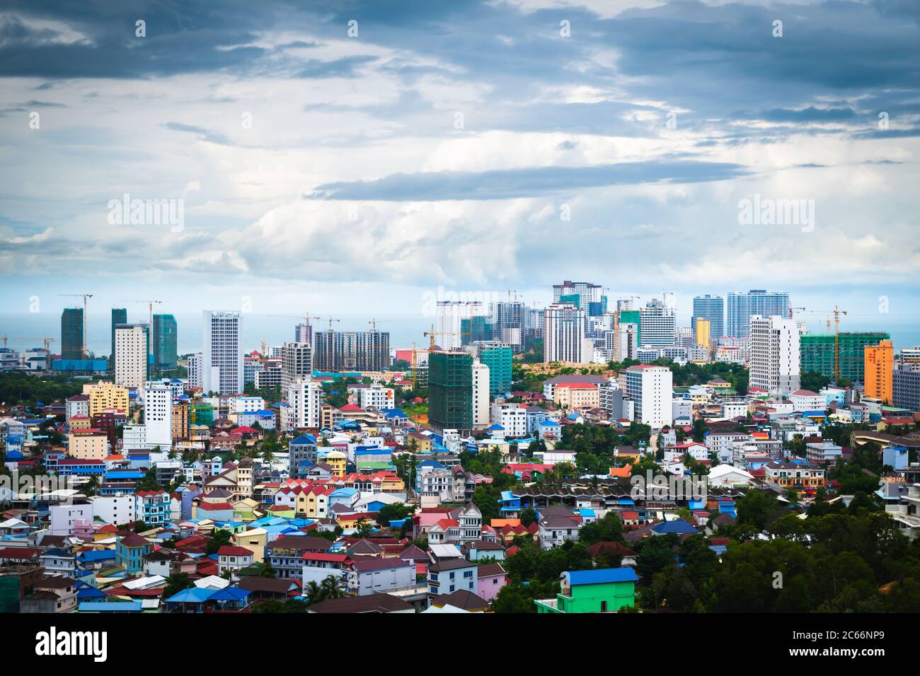 Sihanoukville, Cambodia- July 06, 2020: High angle view of city and high rise building under construction. Fast growing economy. Stock Photo