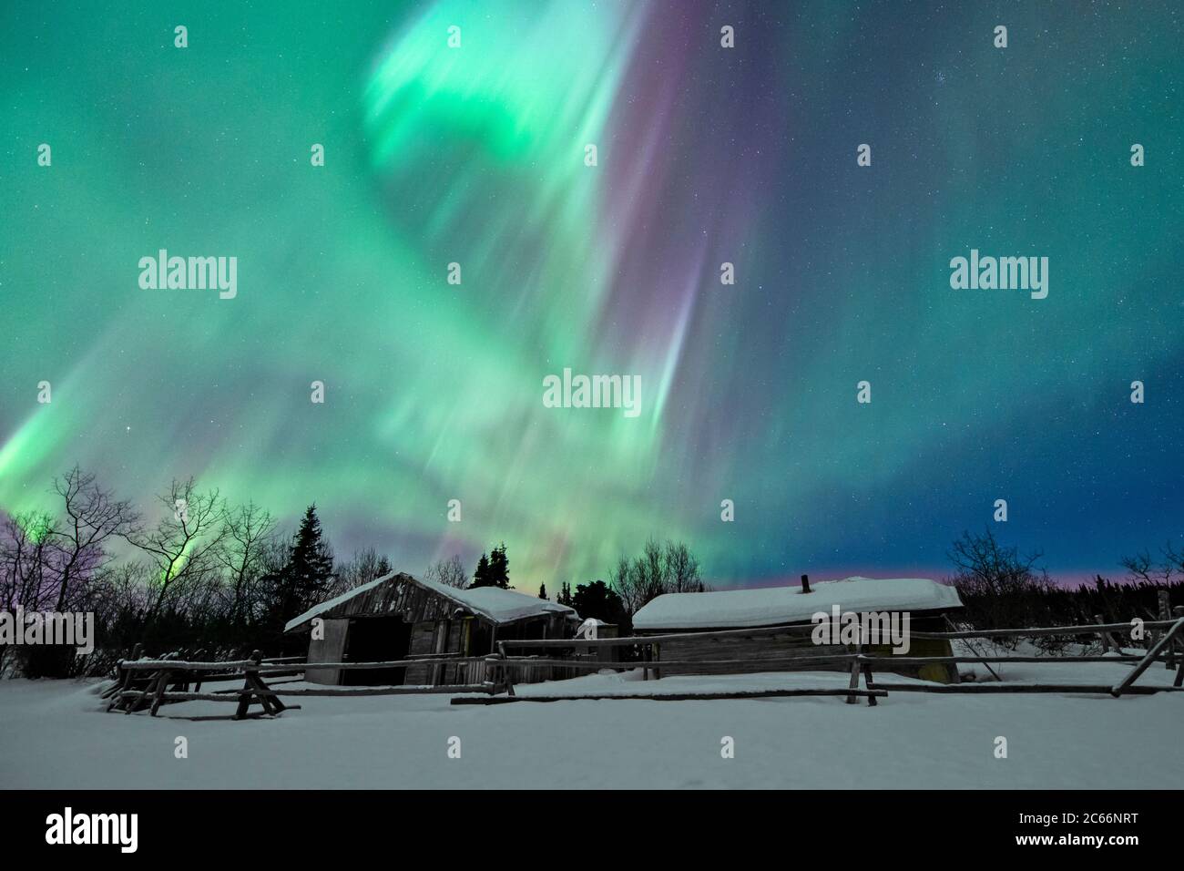 Northern lights dancing in the sky over an old farm, Yukon Territory ...